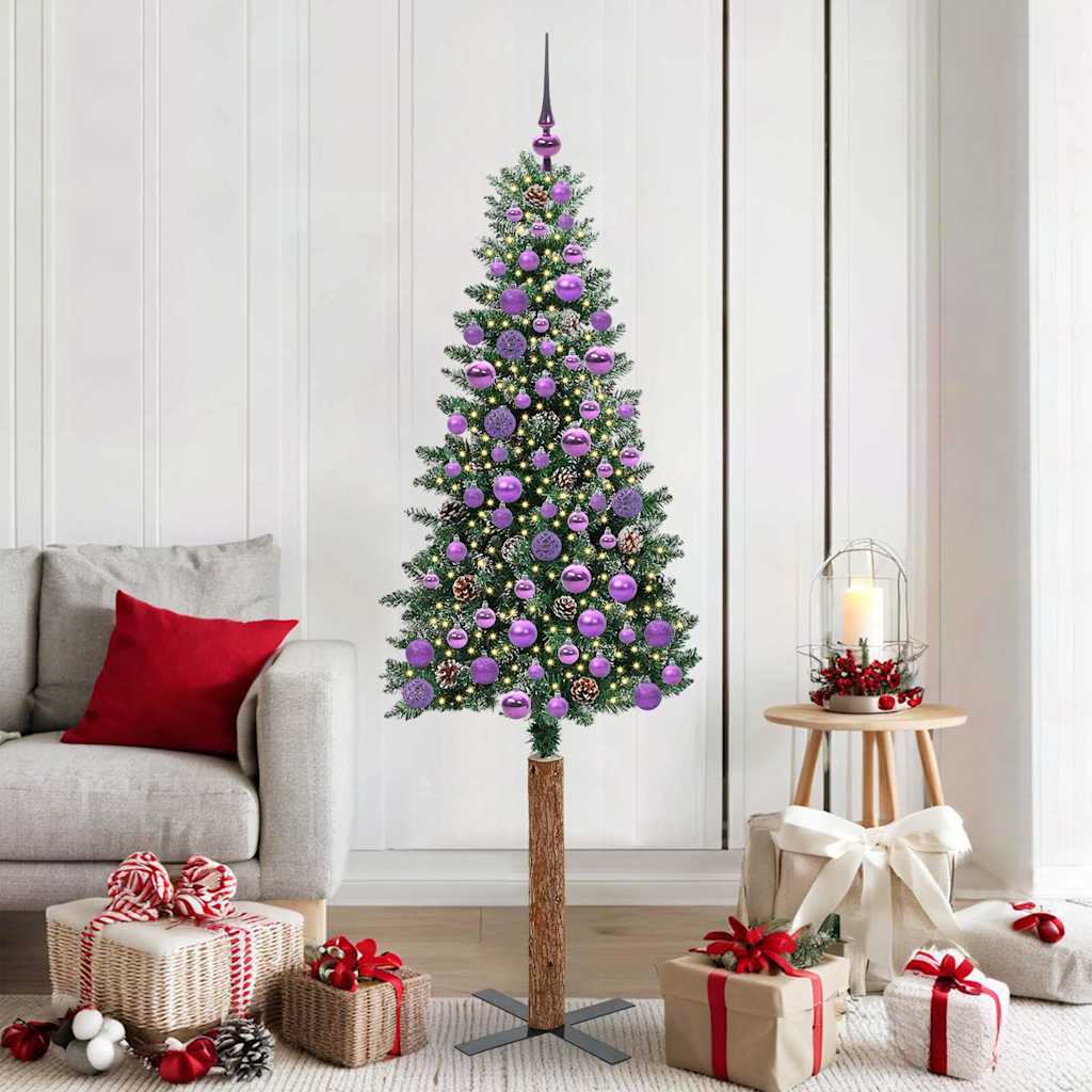 Slim Christmas Tree Green PVC and Solid Pine wood Green and White 180 cm with 120 lilac balls