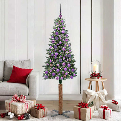 Slim Christmas Tree Green PVC and Solid Pine wood Green and White 180 cm with 120 lilac balls