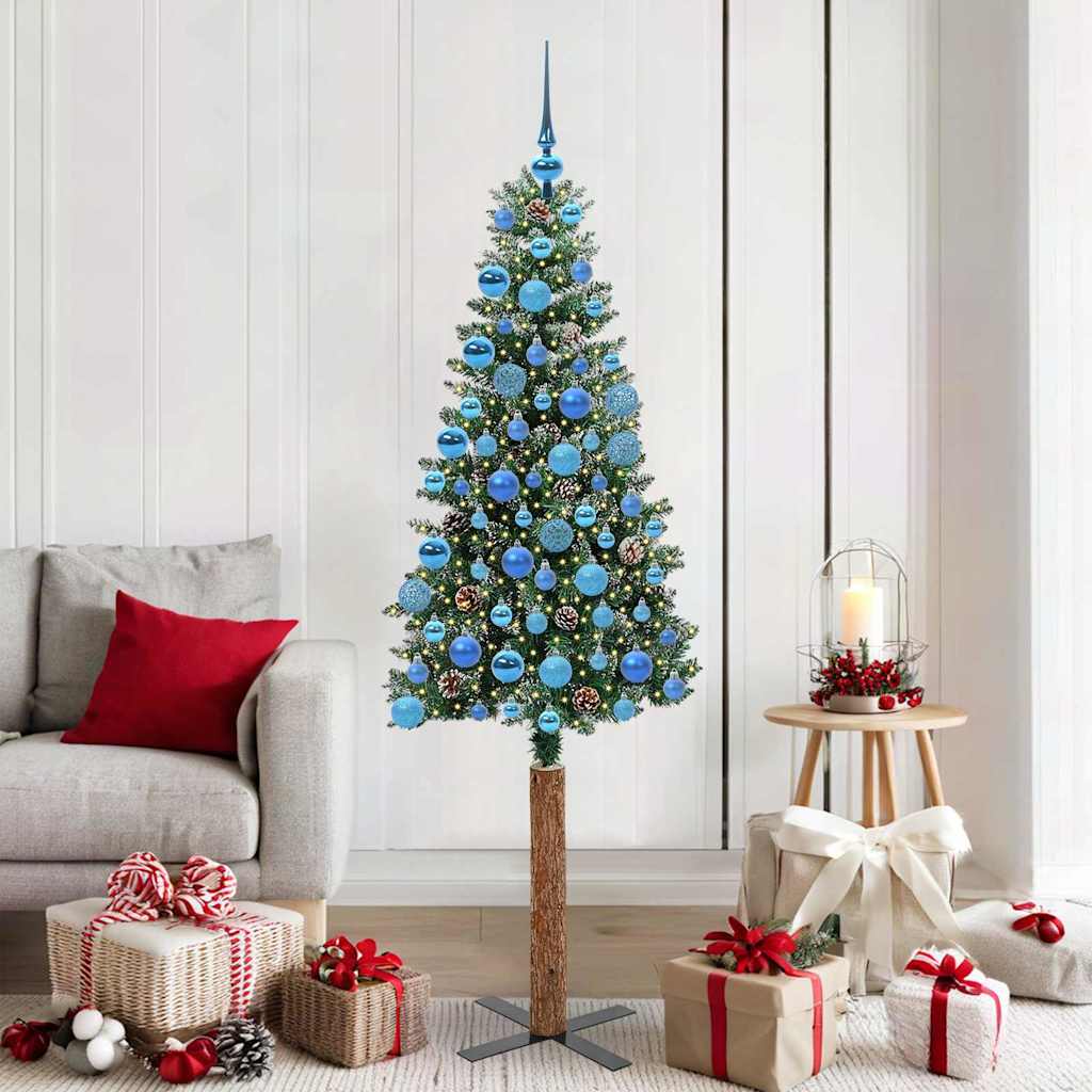 Slim Christmas Tree Green PVC and Solid Pine wood Green and White 180 cm with 120 blue balls