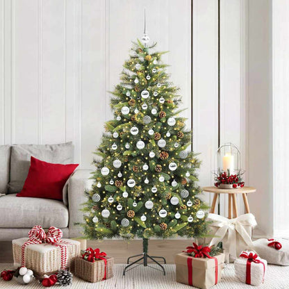 Artificial Hinged Christmas Tree with Cones Green 180 cm with LEDs&silver balls