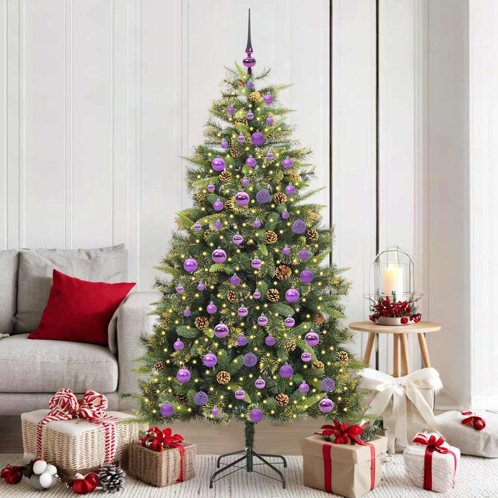 Artificial Hinged Christmas Tree with Cones Green 180 cm with LEDs&lilac balls