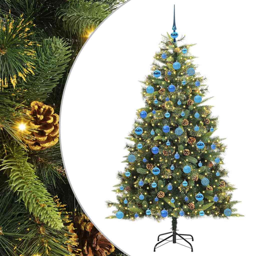 Artificial Hinged Christmas Tree with Cones Green 180 cm with LEDs&blue balls