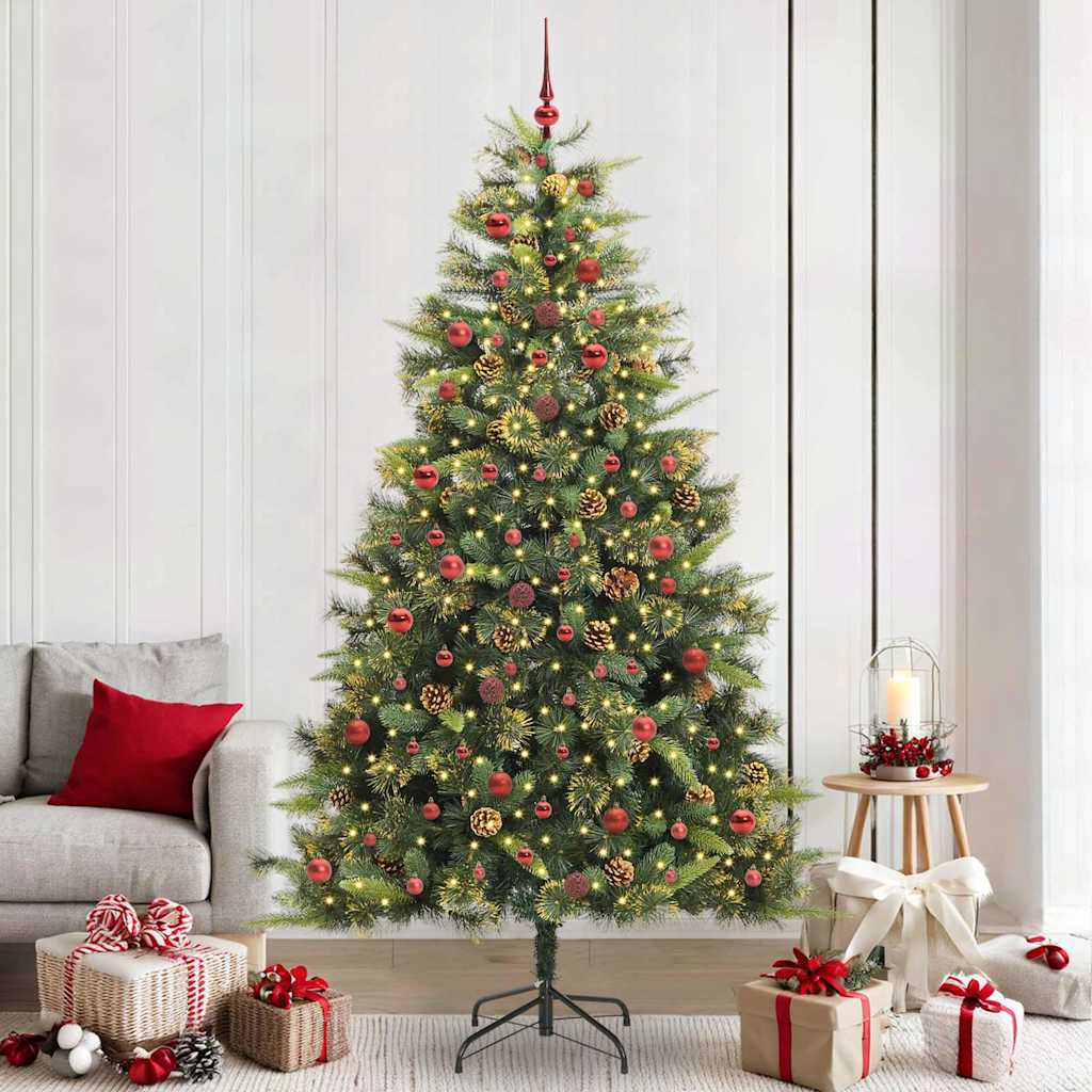 Artificial Hinged Christmas Tree with Cones Green 240 cm with LEDs&red balls
