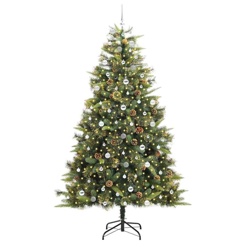 Artificial Hinged Christmas Tree with Cones Green 240 cm with LEDs&silver balls