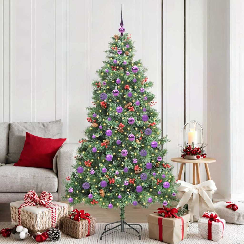 Artificial Christmas Tree 300 LEDs Warm White PVC and Metal 180 cm with LEDs&lilac balls