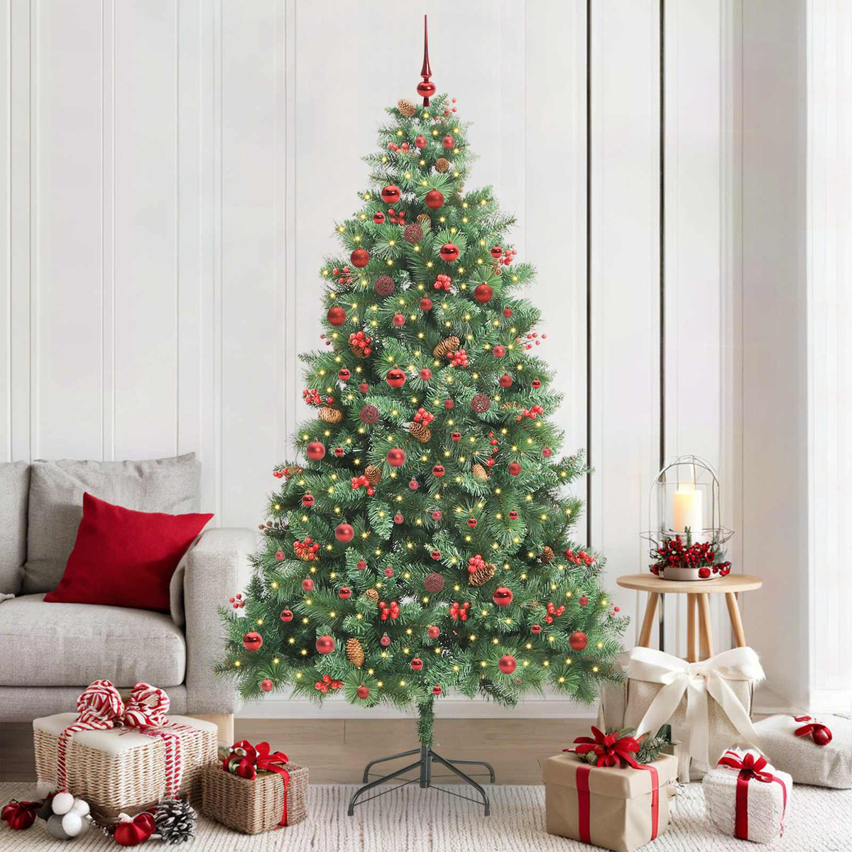 Artificial Christmas Tree 300 LEDs Warm White PVC and Metal 210 cm with LEDs&red balls