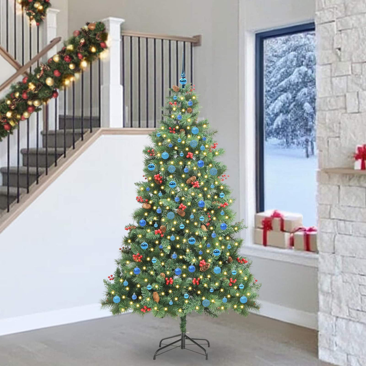 Artificial Christmas Tree 300 LEDs Warm White PVC and Metal 240 cm with LEDs&blue balls