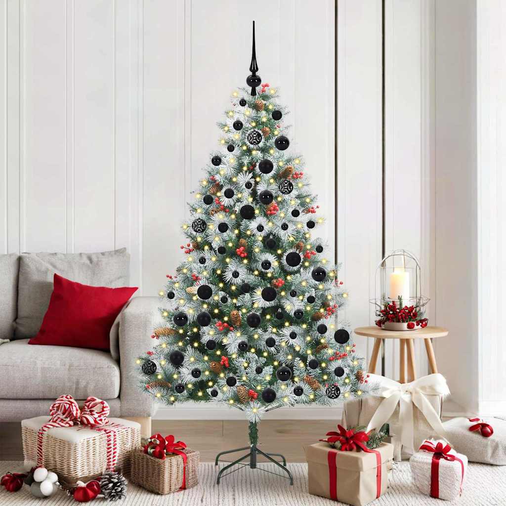 Artificial Christmas Tree Green and white 180 cm with LEDs&black balls