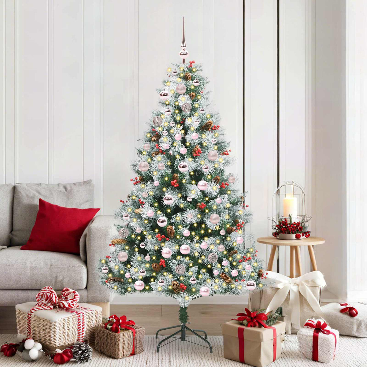 Artificial Christmas Tree Green and white 180 cm with LEDs&pink balls