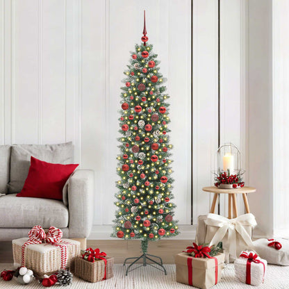 Artificial Slim Christmas Tree Green and White 180 cm with LEDs&red balls