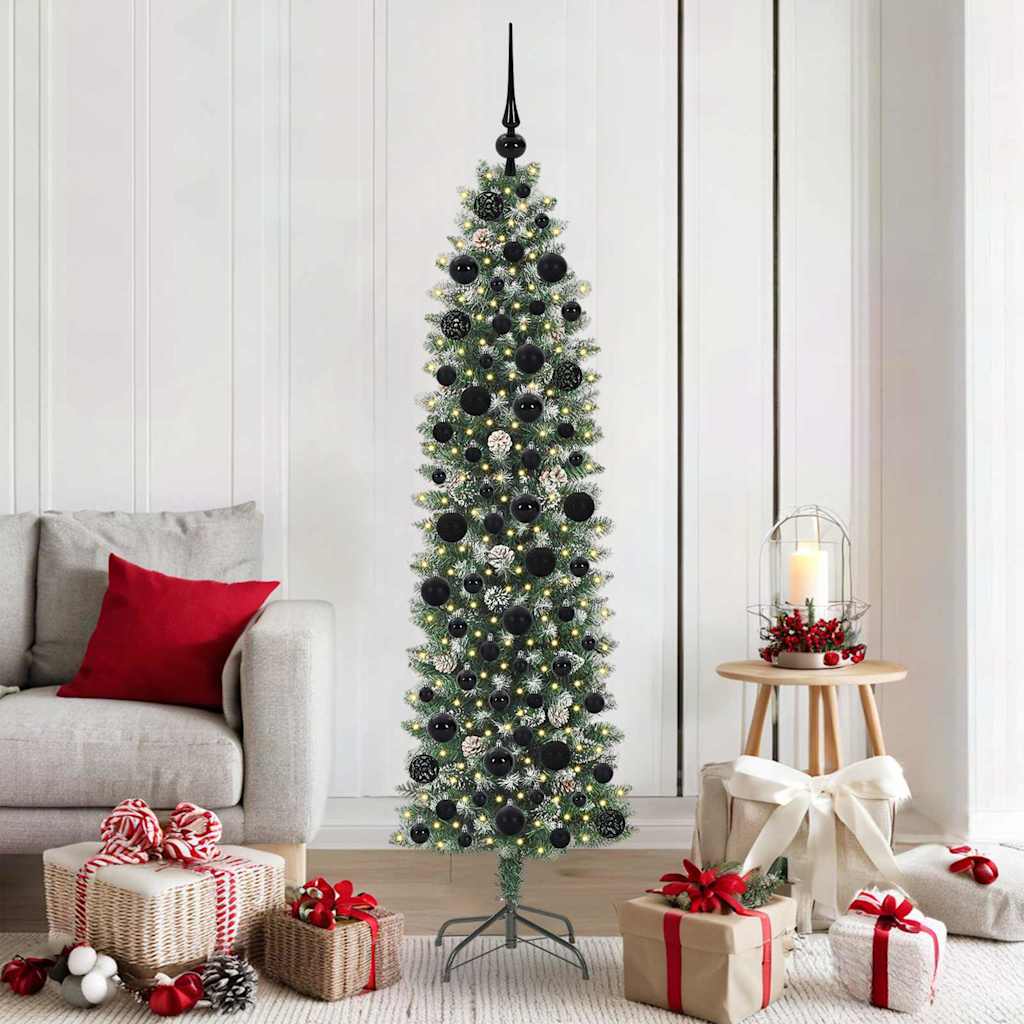 Artificial Slim Christmas Tree Green and White 180 cm with LEDs&black balls