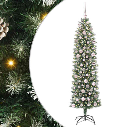 Artificial Slim Christmas Tree Green and White 180 cm with LEDs&pink balls