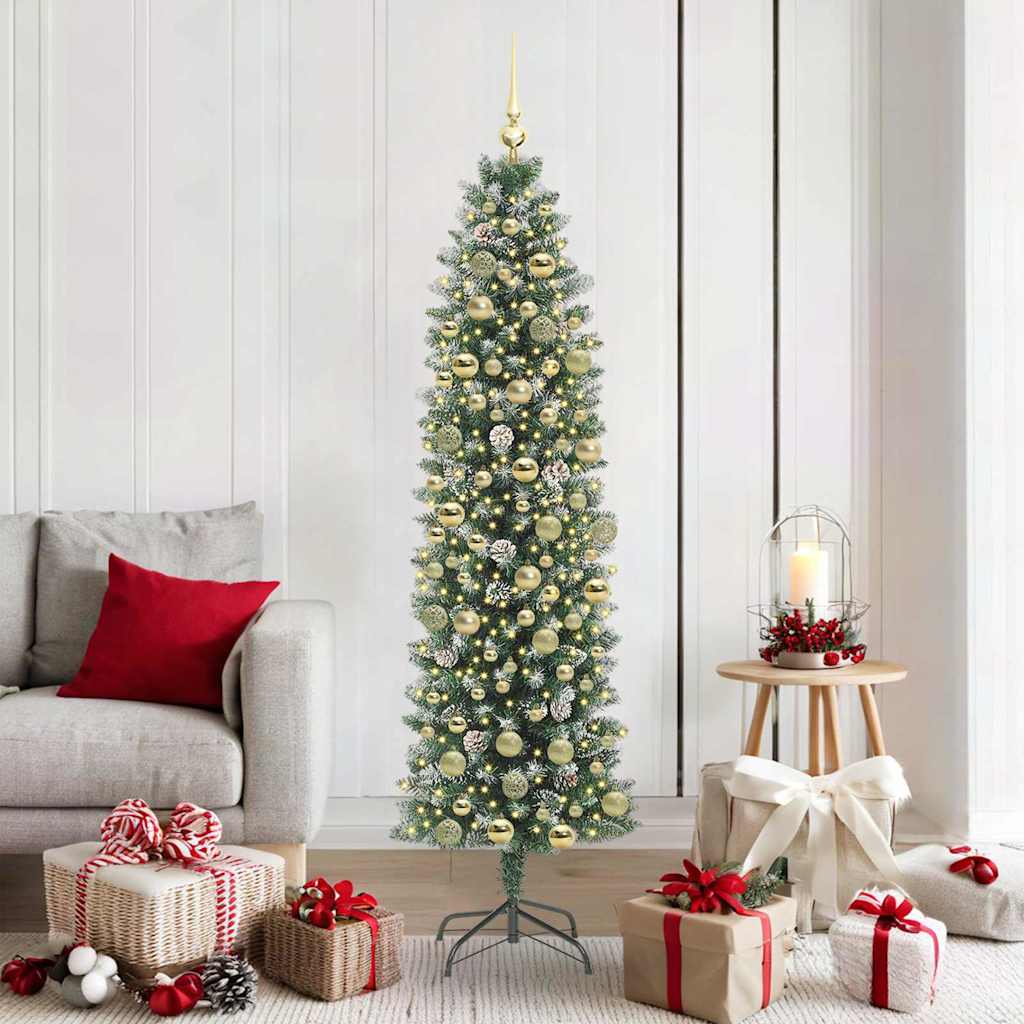 Artificial Slim Christmas Tree Green and White 180 cm with LEDs&gold balls