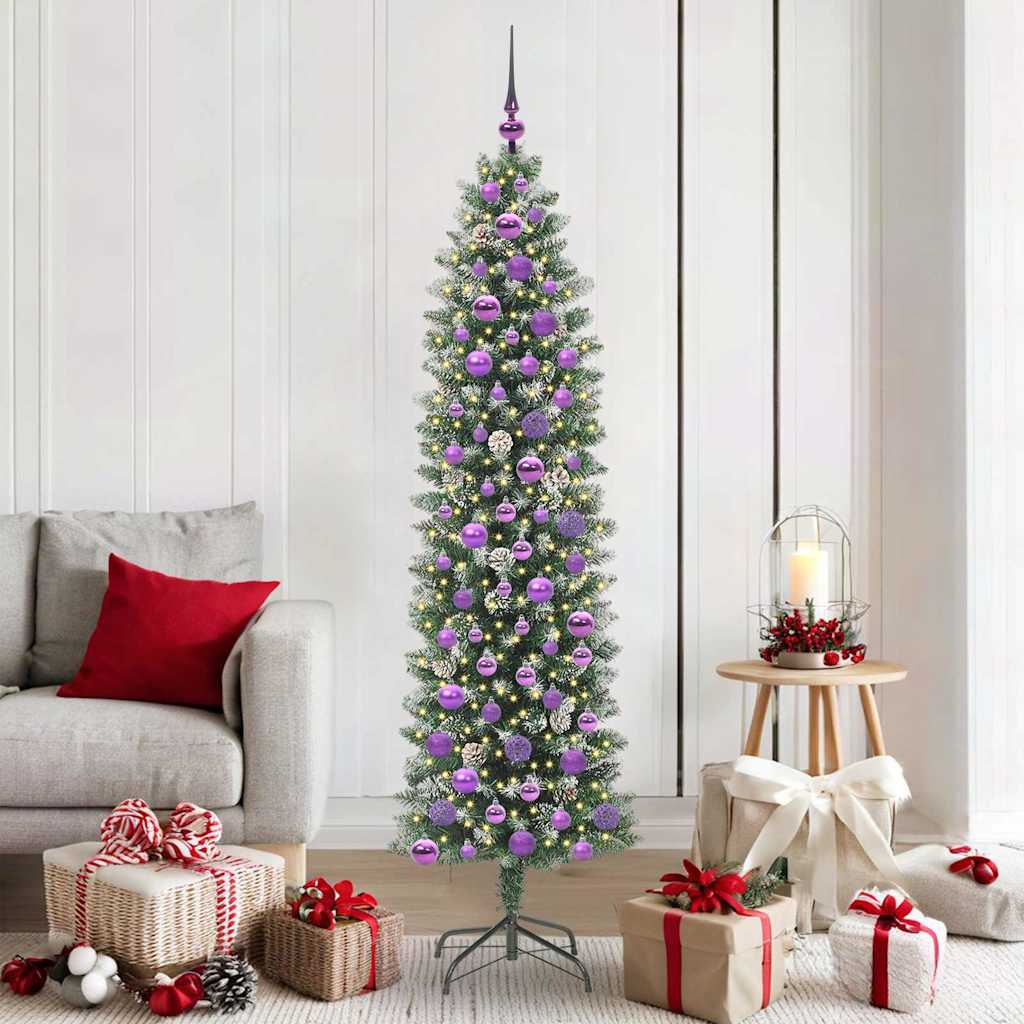Artificial Slim Christmas Tree Green and White 180 cm with LEDs&lilac balls