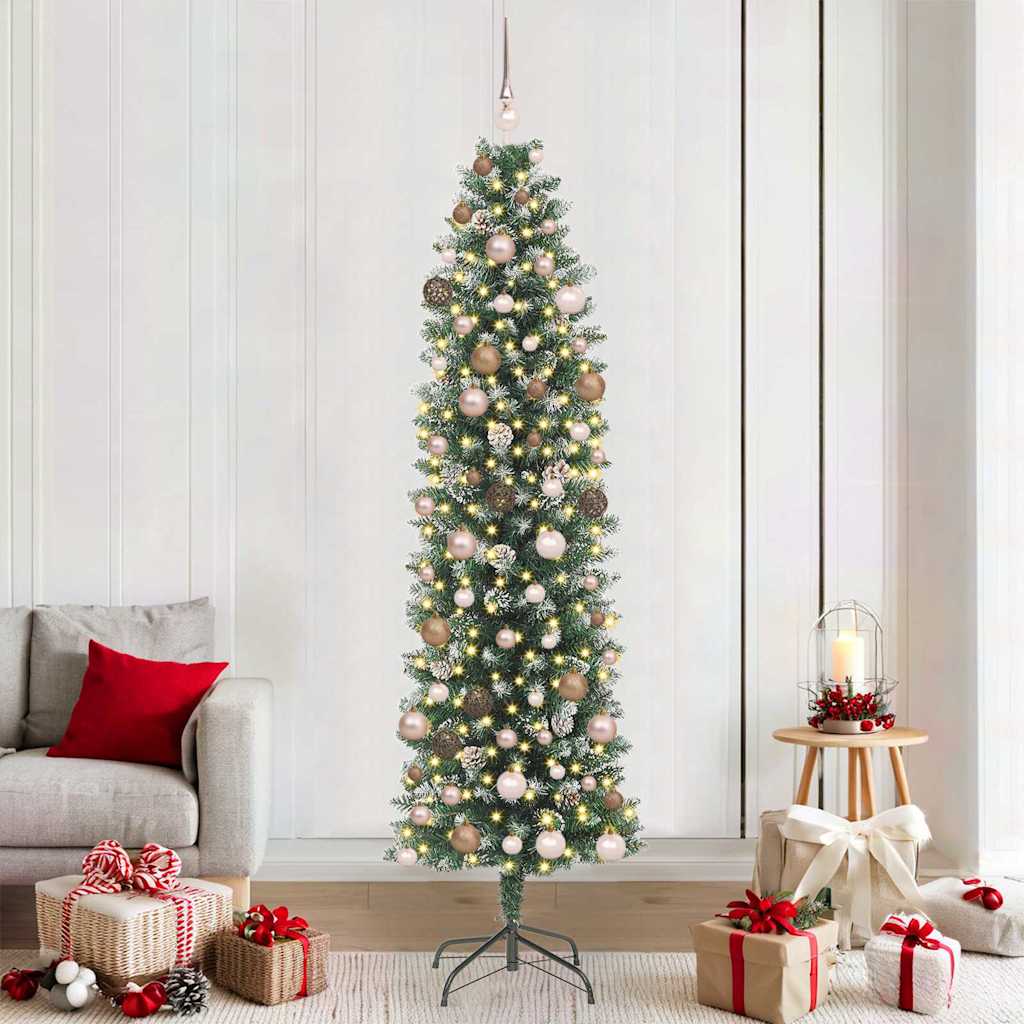 Artificial Slim Christmas Tree Green and White 210 cm with LEDs&rose gold balls