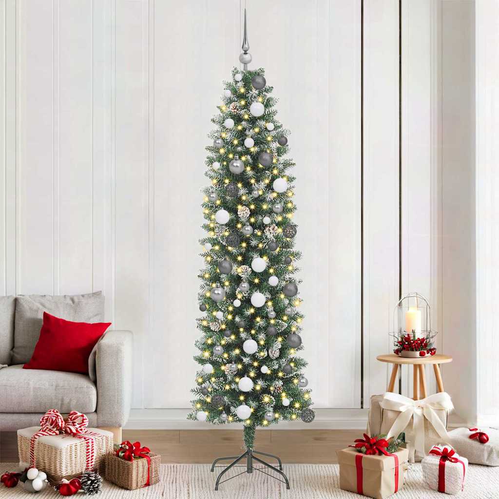 Artificial Slim Christmas Tree Green and White 210 cm with LEDs&white/grey balls