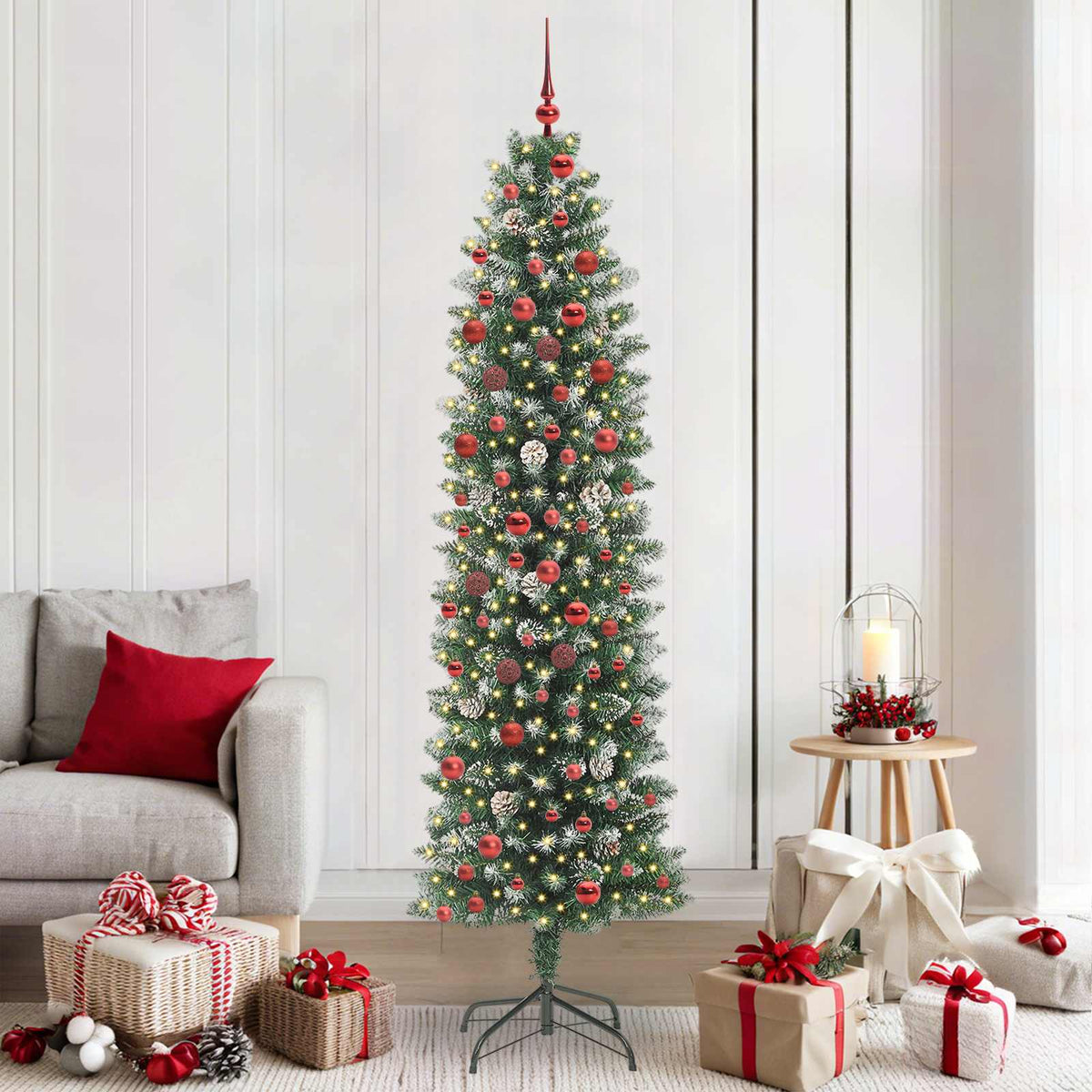Artificial Slim Christmas Tree Green and White 210 cm with LEDs&red balls