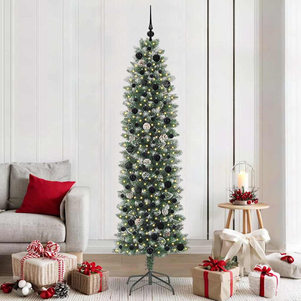Artificial Slim Christmas Tree Green and White 210 cm with LEDs&black balls