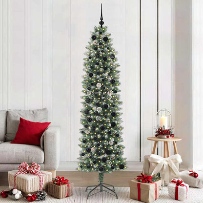 Artificial Slim Christmas Tree Green and White 210 cm with LEDs&black balls