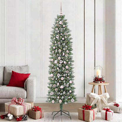 Artificial Slim Christmas Tree Green and White 210 cm with LEDs&pink balls