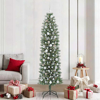 Artificial Slim Christmas Tree Green and White 210 cm with LEDs&silver balls