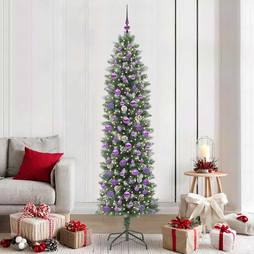 Artificial Slim Christmas Tree Green and White 210 cm with LEDs&lilac balls