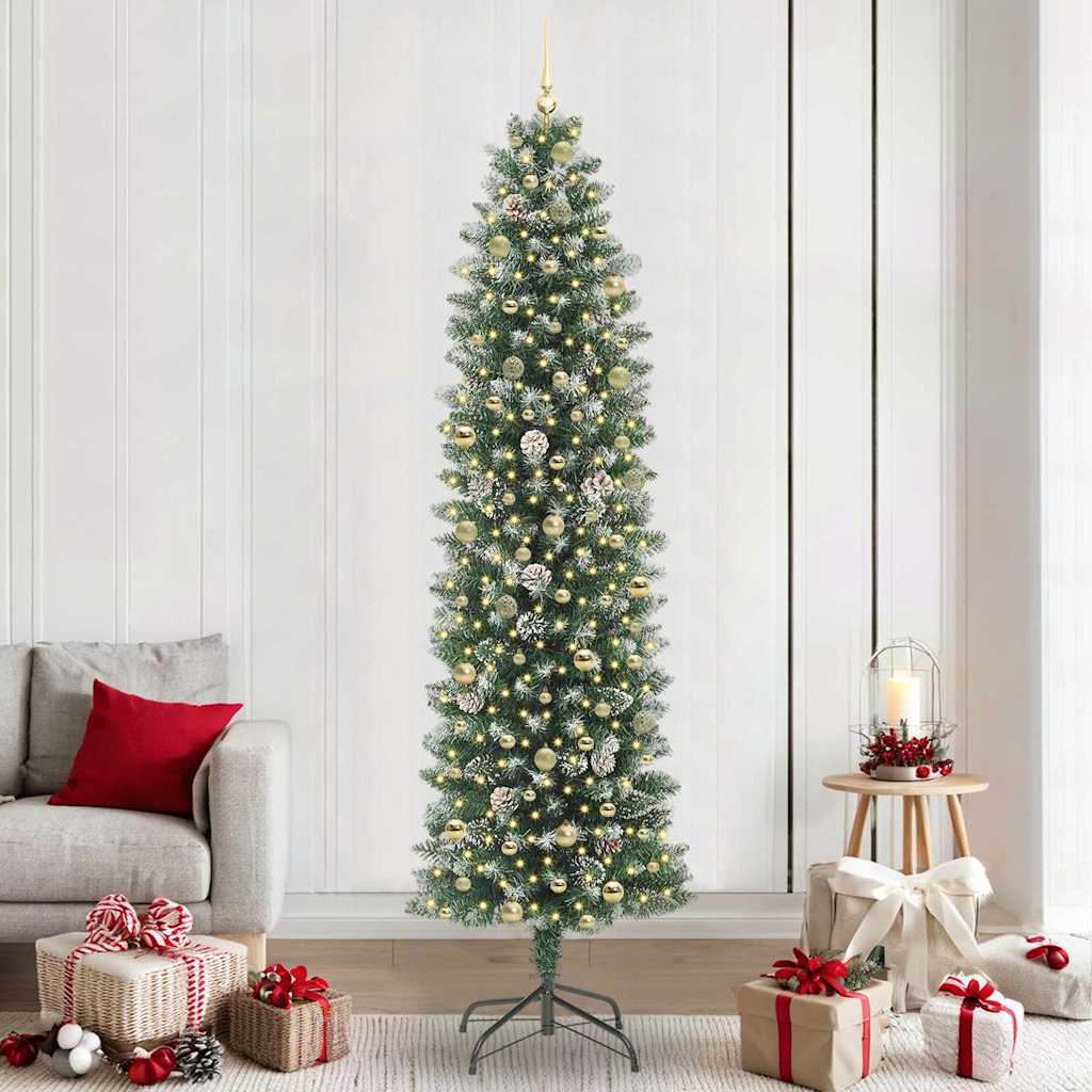 vidaXL Artificial Slim Christmas Tree Green and White 240 cm 1
