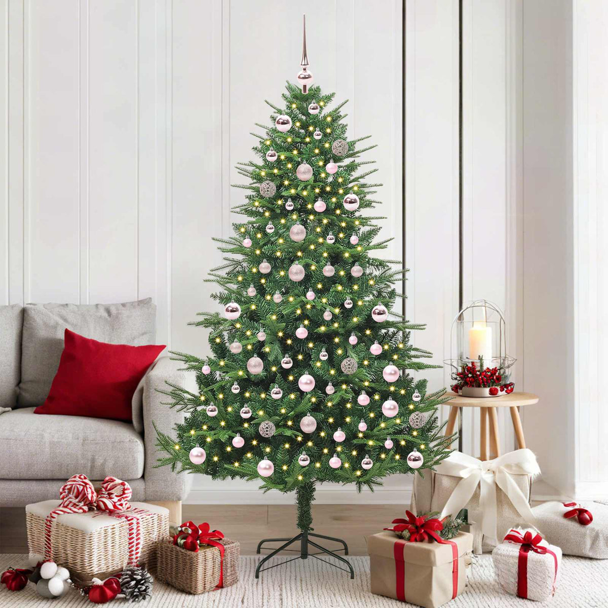 Artificial Pre-lit Christmas Tree with Ball Set 180 cm Green with 300 LEDs &120 pink balls