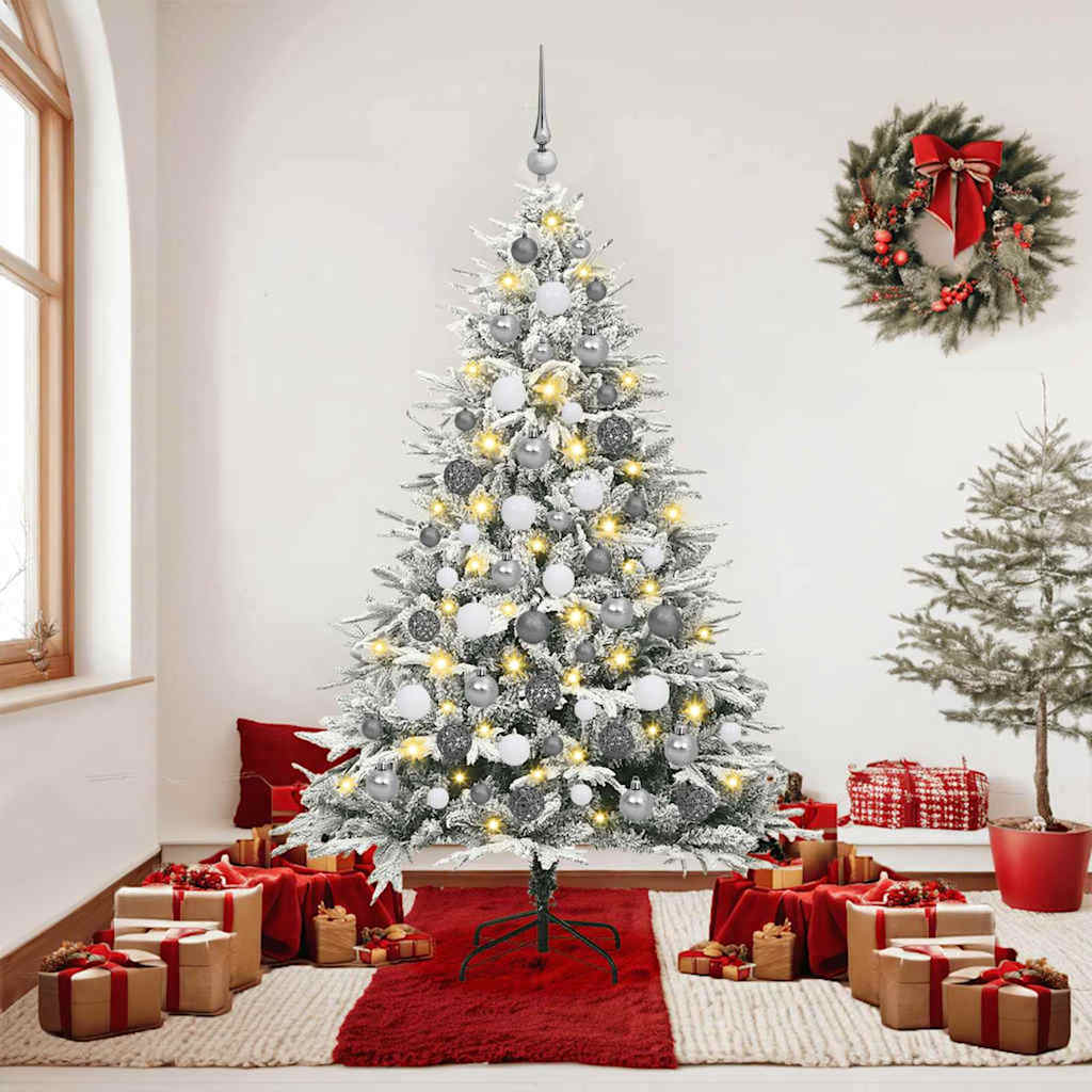 Artificial Pre-lit Christmas Tree with Ball Set Green 180 cm Green and White with 300 LEDs &120 white/grey balls