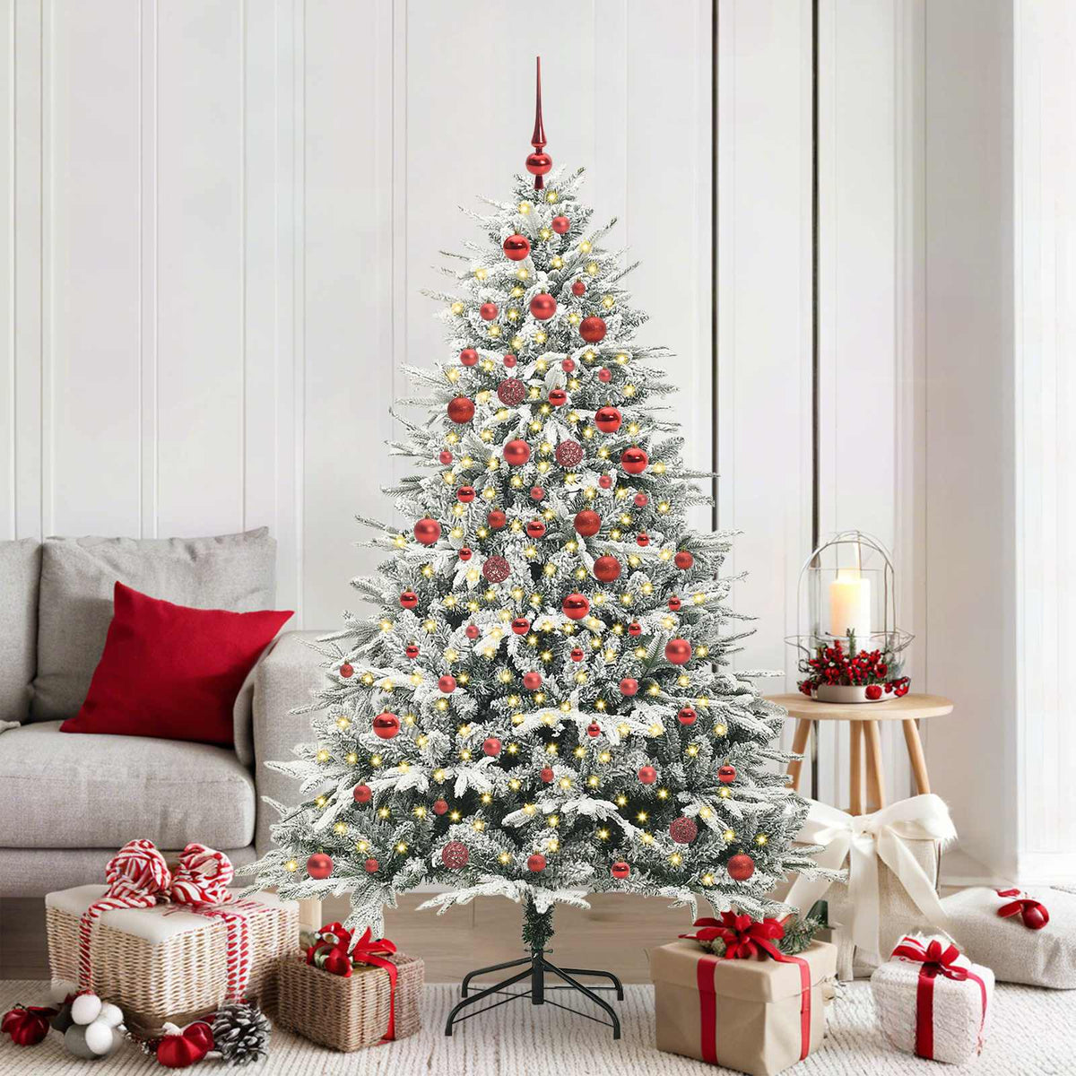 Artificial Pre-lit Christmas Tree with Ball Set Green 180 cm Green and White with 300 LEDs &120 red balls