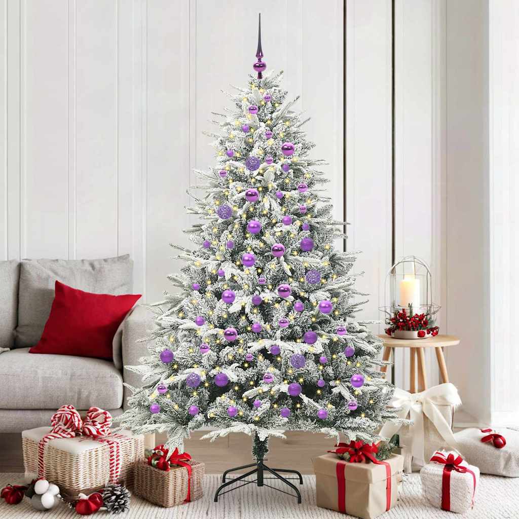 Artificial Pre-lit Christmas Tree with Ball Set Green 180 cm Green and White with 300 LEDs &120 lilac balls