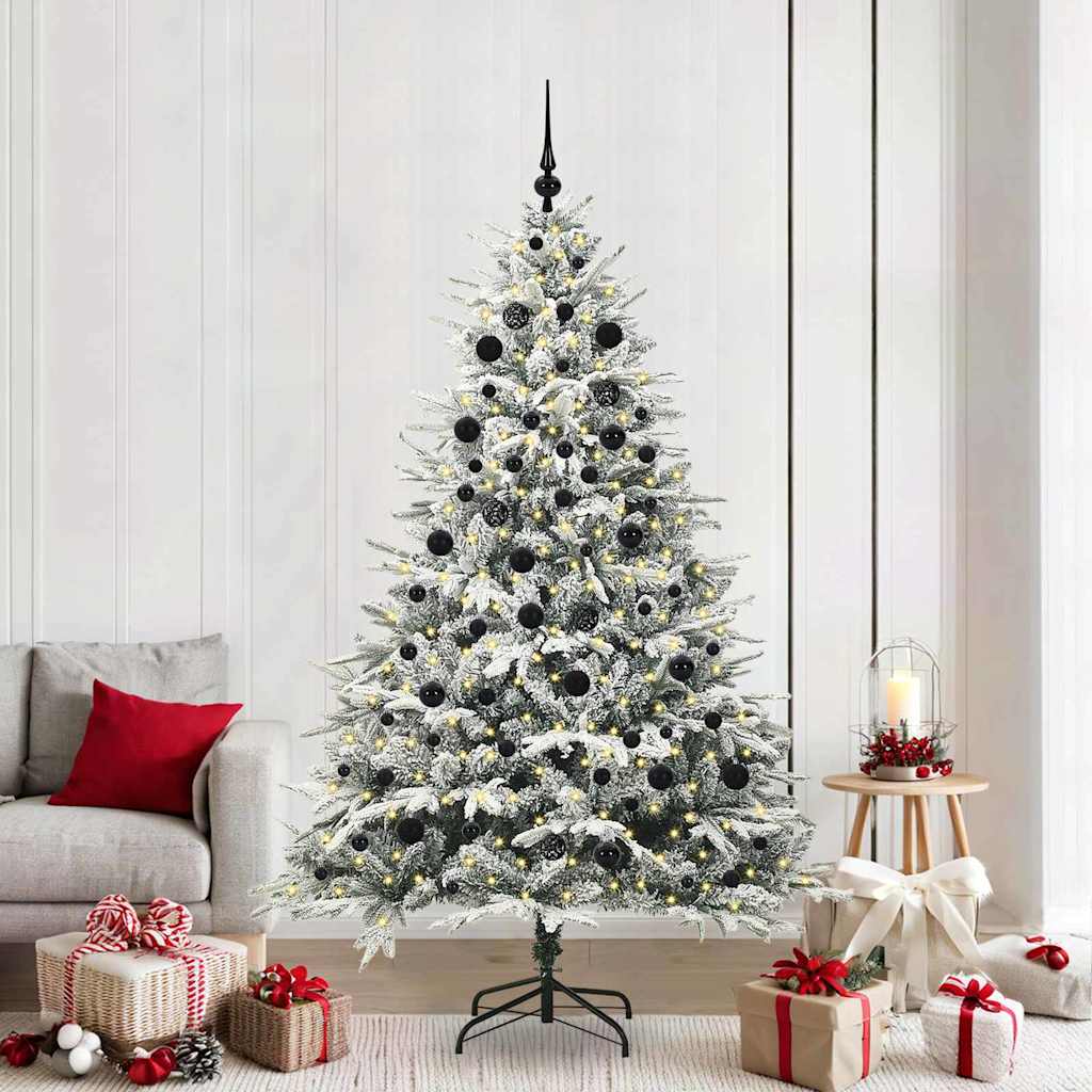 Artificial Pre-lit Christmas Tree with Ball Set Green 210 cm Green and white Width 210 cm with 300 LEDs &120 black balls