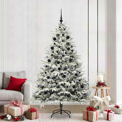 Artificial Pre-lit Christmas Tree with Ball Set Green 210 cm Green and white Width 210 cm with 300 LEDs &120 black balls