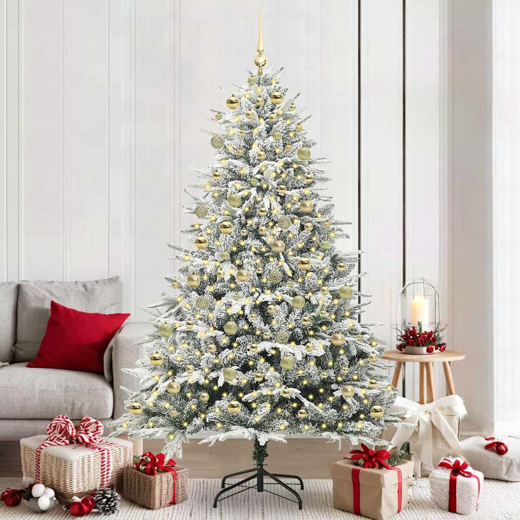 Artificial Pre-lit Christmas Tree with Ball Set Green 210 cm Green and white Width 210 cm with 300 LEDs &120 golden balls