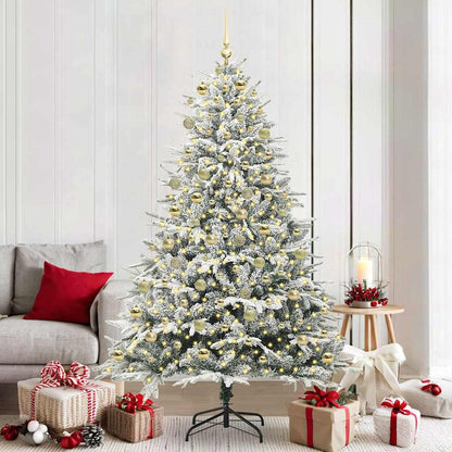 Artificial Pre-lit Christmas Tree with Ball Set Green 210 cm Green and white Width 210 cm with 300 LEDs &120 golden balls