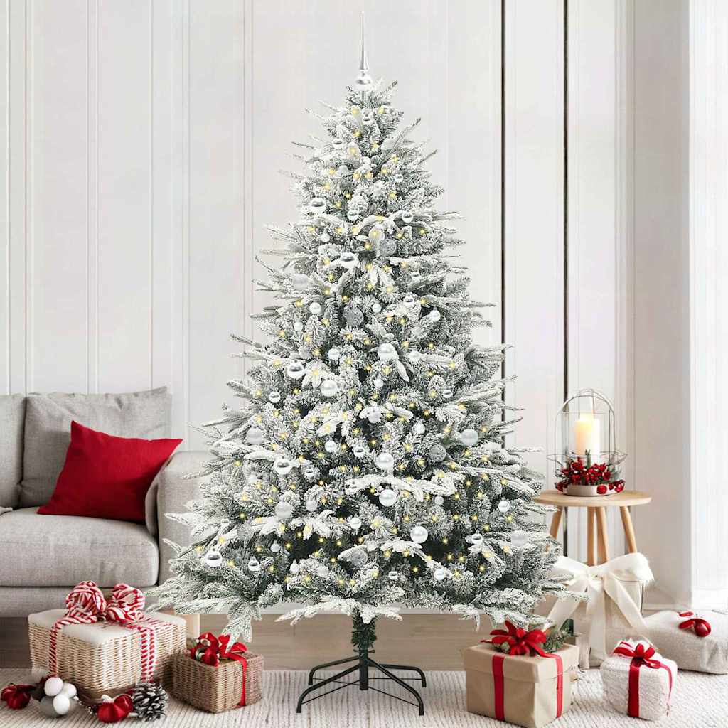 Artificial Pre-lit Christmas Tree with Ball Set Green 210 cm Green and white Width 210 cm with 300 LEDs &120 silver balls