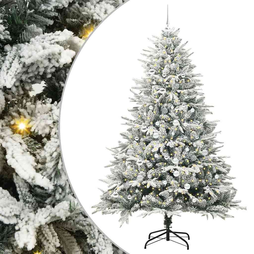 Artificial Pre-lit Christmas Tree with Ball Set Green 210 cm Green and white Width 210 cm with 300 LEDs &120 silver balls