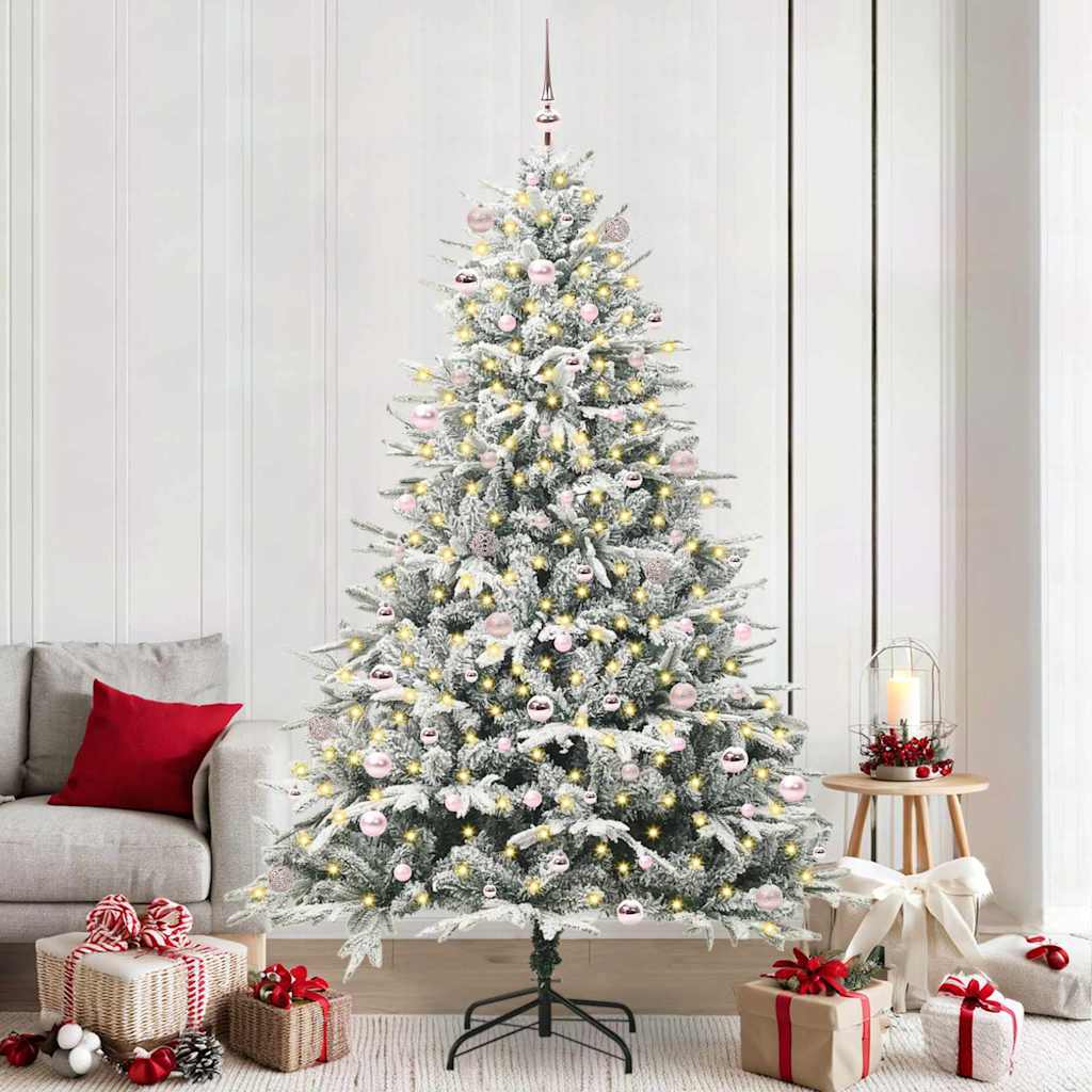 Artificial Pre-lit Christmas Tree with Ball Set Green 240 cm Green and white Width 240 cm with 300 LEDs &120 pink balls
