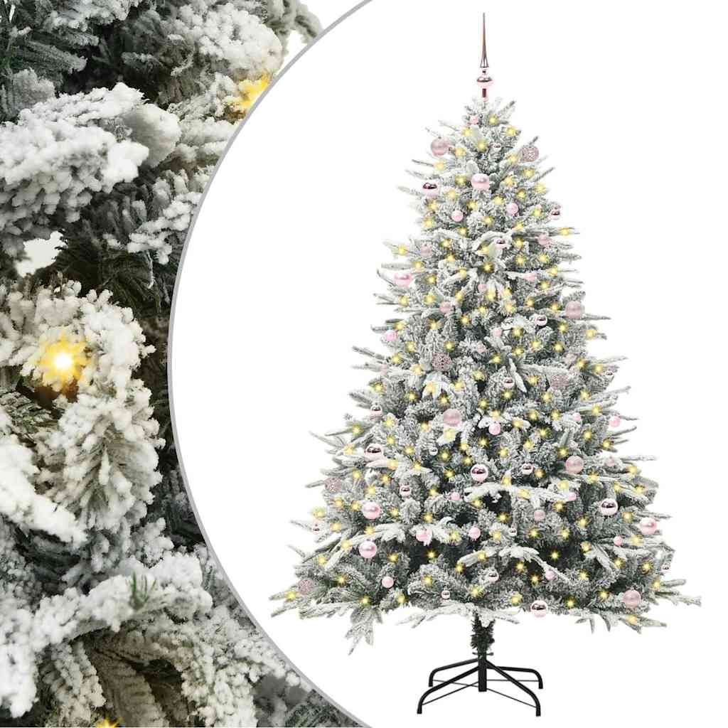 Artificial Pre-lit Christmas Tree with Ball Set Green 240 cm Green and white Width 240 cm with 300 LEDs &120 pink balls