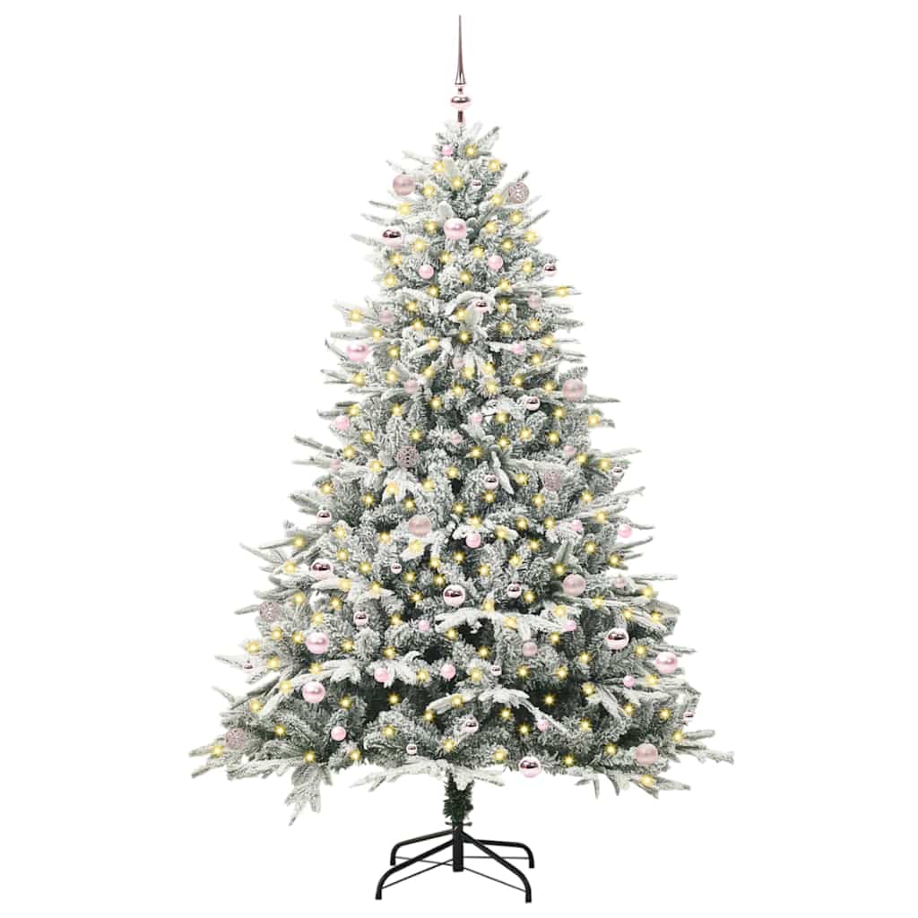 Artificial Pre-lit Christmas Tree with Ball Set Green 240 cm Green and white Width 240 cm with 300 LEDs &120 pink balls