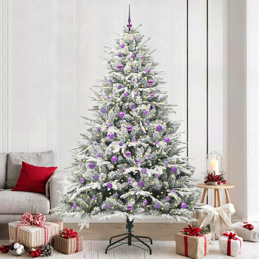Artificial Pre-lit Christmas Tree with Ball Set Green 240 cm Green and white Width 240 cm with 300 LEDs &120 lilac balls