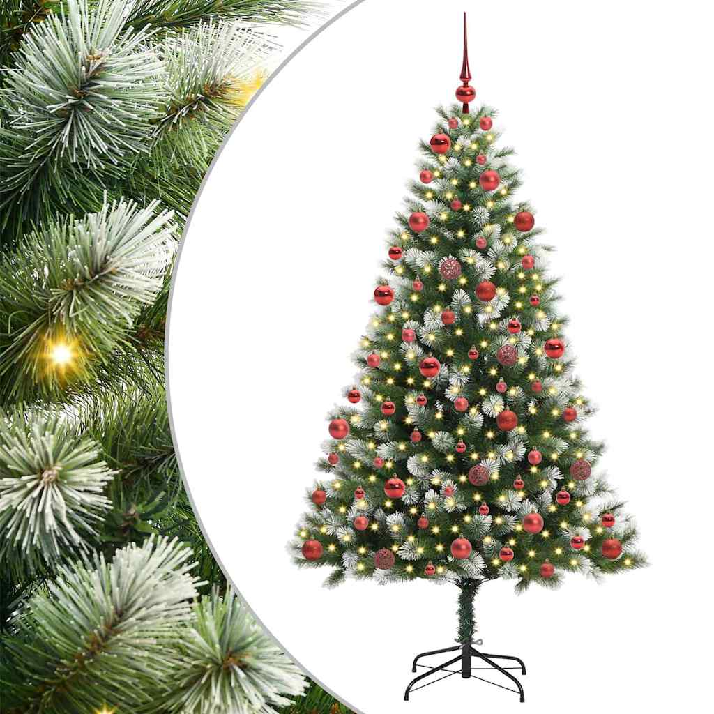 Artificial Hinged Christmas Tree with Flocked Snow 300 LEDs 180 cm with LEDs&red balls