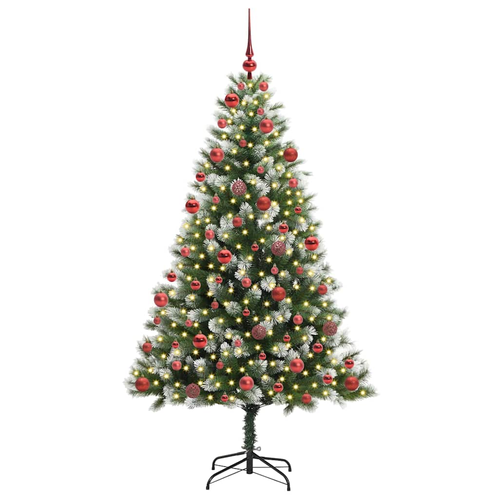 Artificial Hinged Christmas Tree with Flocked Snow 300 LEDs 180 cm with LEDs&red balls