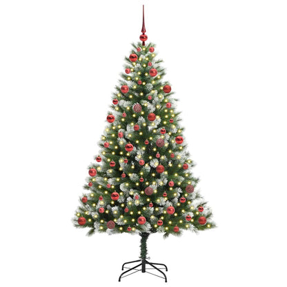 Artificial Hinged Christmas Tree with Flocked Snow 300 LEDs 180 cm with LEDs&red balls