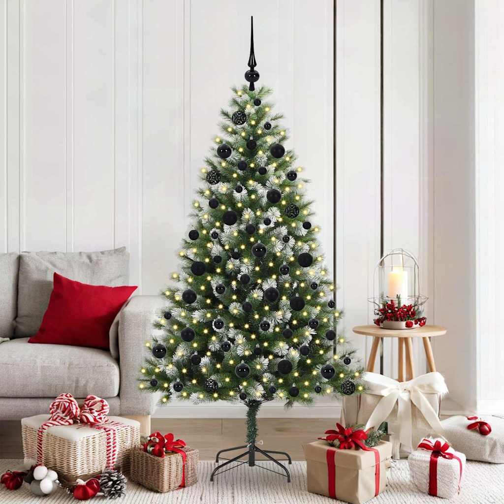 Artificial Hinged Christmas Tree with Flocked Snow 300 LEDs 180 cm with LEDs&black balls
