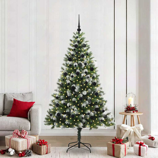 Artificial Hinged Christmas Tree with Flocked Snow 300 LEDs 210 cm with LEDs&black balls