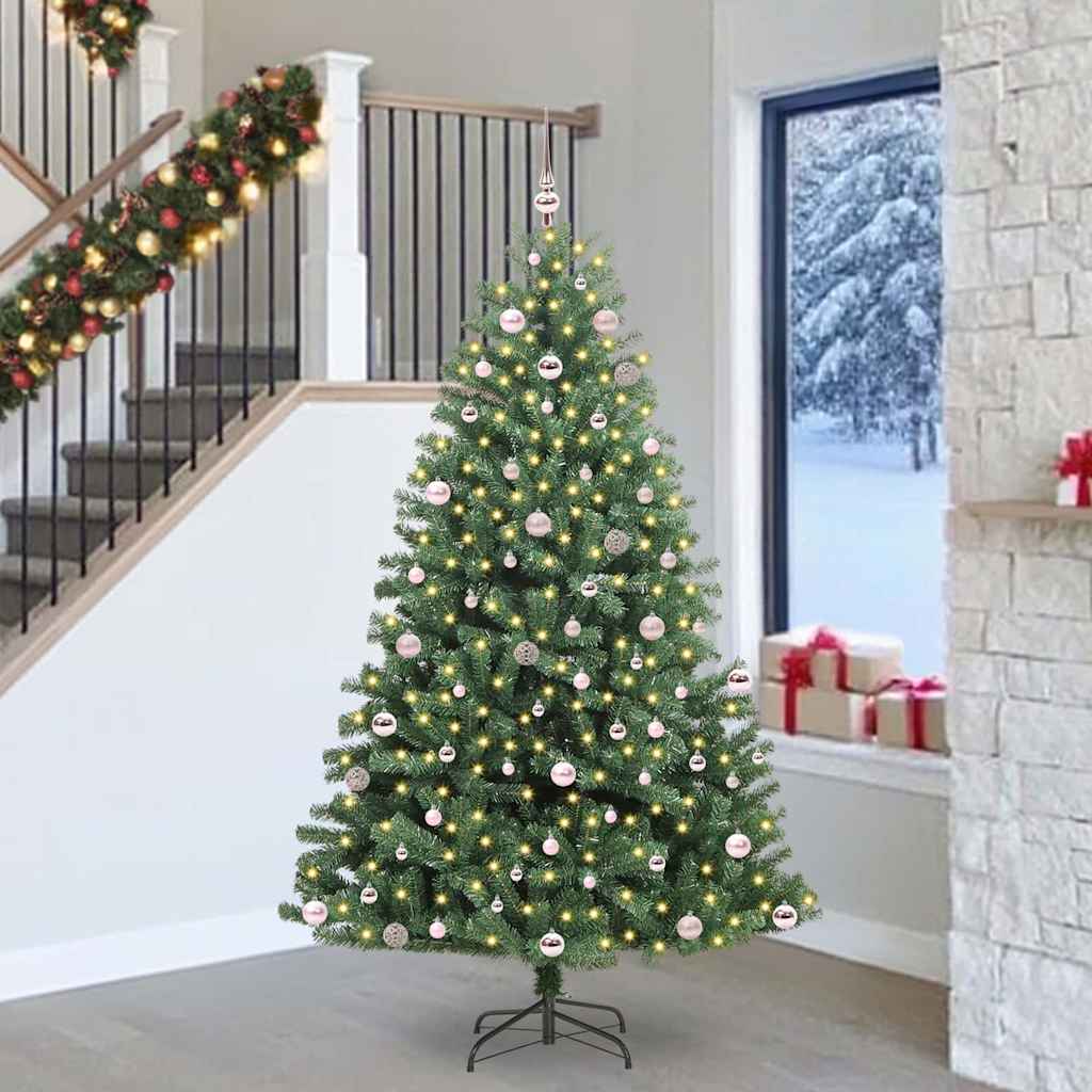 Artificial Hinged Christmas Tree PVC and Metal Green 240 cm with LEDs &pink balls