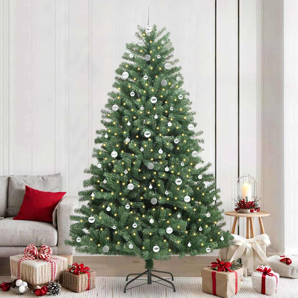 Artificial Hinged Christmas Tree PVC and Metal Green 240 cm with LEDs &silver balls