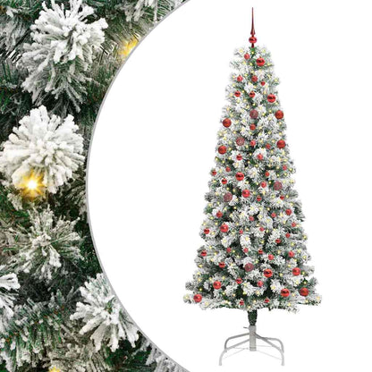 Artificial Hinged Christmas Tree Green and White 210 cm with LEDs &red balls