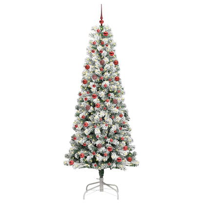 Artificial Hinged Christmas Tree Green and White 210 cm with LEDs &red balls